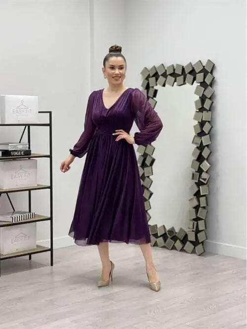 Sequin Detailed Midi Dress - PURPLE - 1