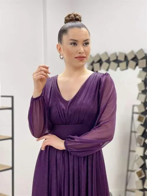 Sequin Detailed Midi Dress - PURPLE - 4