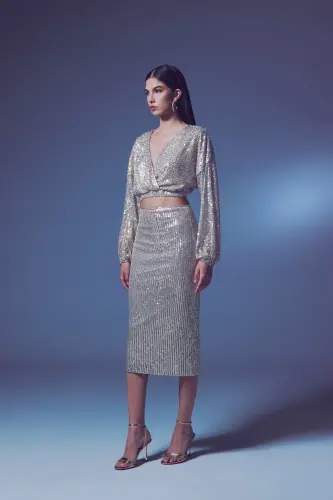 Sequin Detailed Pencil Skirt - Beige-BEIGE 