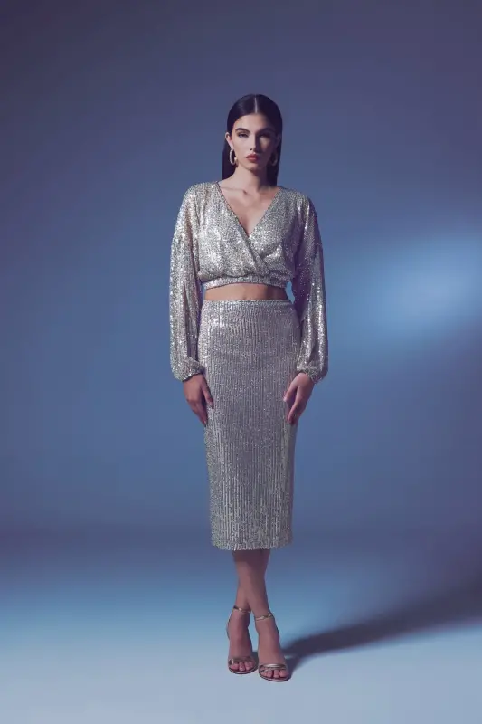 Sequin Detailed Pencil Skirt - Beige-BEIGE - 2