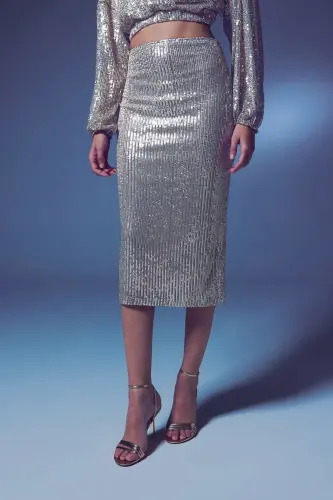 Sequin Detailed Pencil Skirt - Beige-BEIGE - 3