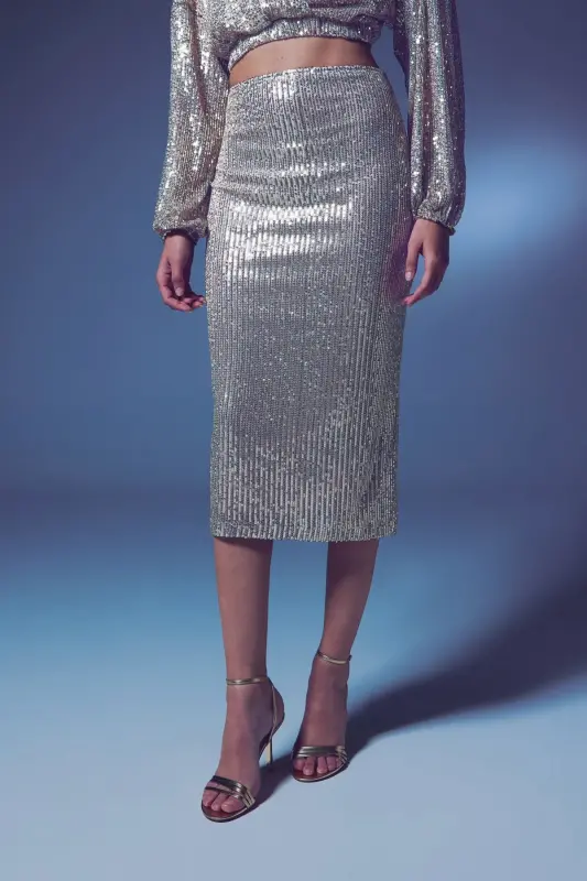 Sequin Detailed Pencil Skirt - Beige-BEIGE - 3