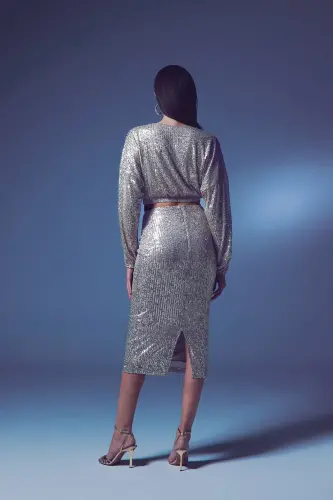 Sequin Detailed Pencil Skirt - Beige-BEIGE - 5