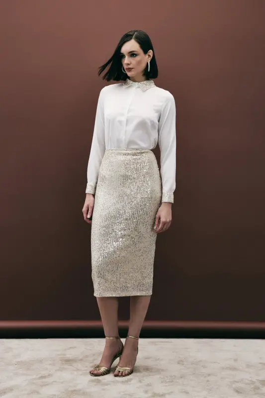 Sequin Detailed Pencil Skirt - Beige-BEIGE - SATEEN