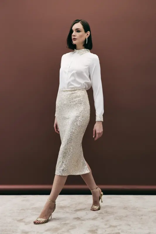 Sequin Detailed Pencil Skirt - Beige-BEIGE - 4
