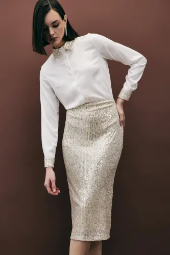 Sequin Detailed Pencil Skirt - Beige-BEIGE - 5