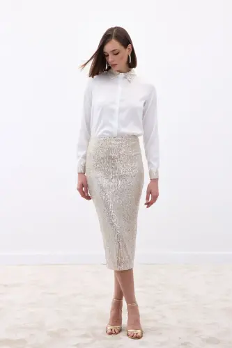 Sequin Detailed Pencil Skirt - Beige-BEIGE - 6