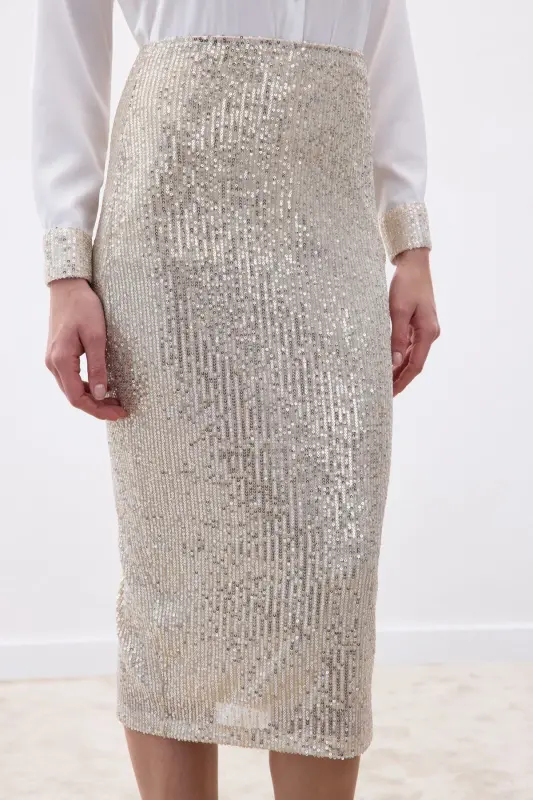 Sequin Detailed Pencil Skirt - Beige-BEIGE - 7