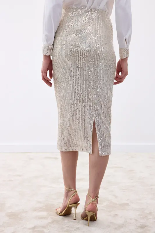 Sequin Detailed Pencil Skirt - Beige-BEIGE - 8