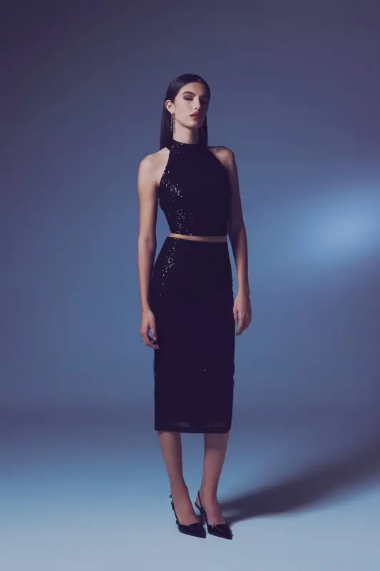 Sequin Detailed Pencil Skirt - Black-BLACK - 1
