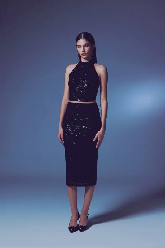 Sequin Detailed Pencil Skirt - Black-BLACK - 2