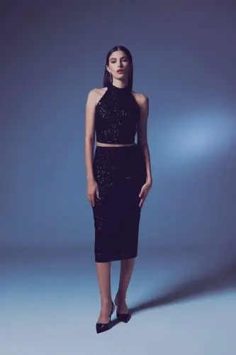 Sequin Detailed Pencil Skirt - Black-BLACK - 3