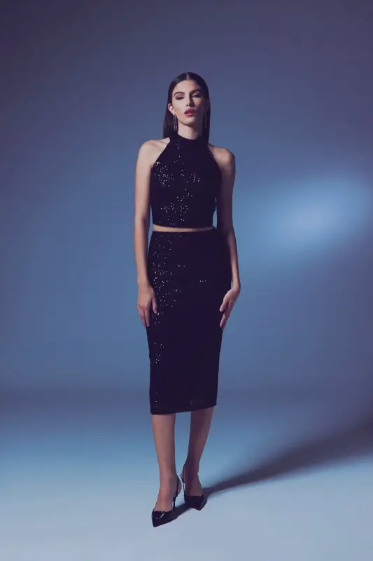 Sequin Detailed Pencil Skirt - Black-BLACK - 3