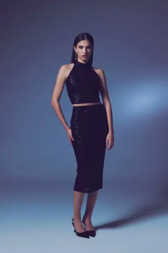 Sequin Detailed Pencil Skirt - Black-BLACK - 4