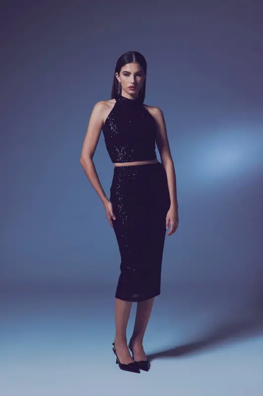 Sequin Detailed Pencil Skirt - Black-BLACK - 4