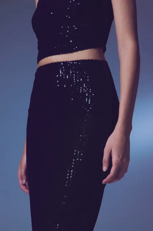 Sequin Detailed Pencil Skirt - Black-BLACK - 5