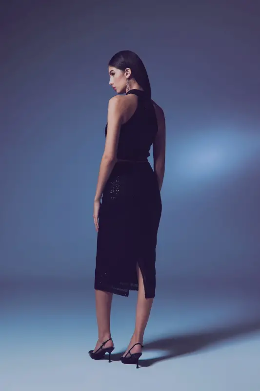 Sequin Detailed Pencil Skirt - Black-BLACK - 7