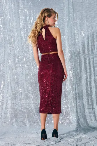 Sequin Detailed Pencil Skirt - Burgundy - 7
