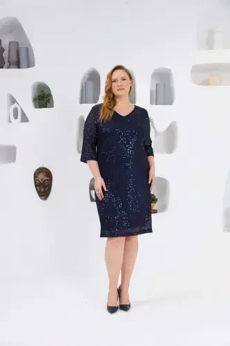 Sequin Detailed Plus Size Evening Dress Navy Blue - 1