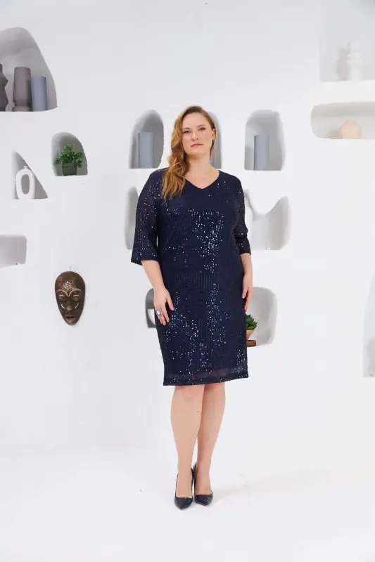 Sequin Detailed Plus Size Evening Dress Navy Blue - 1