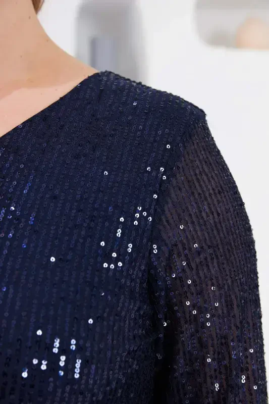 Sequin Detailed Plus Size Evening Dress Navy Blue - 3