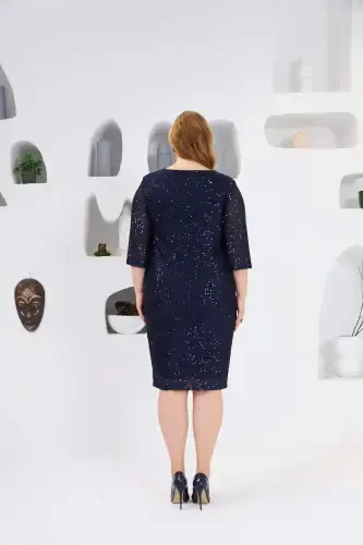 Sequin Detailed Plus Size Evening Dress Navy Blue - 6