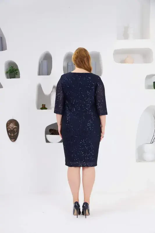 Sequin Detailed Plus Size Evening Dress Navy Blue - 6