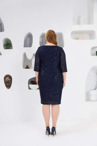 Sequin Detailed Plus Size Evening Dress Navy Blue - 6
