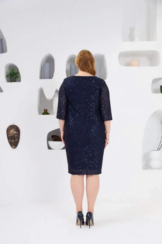 Sequin Detailed Plus Size Evening Dress Navy Blue - 6