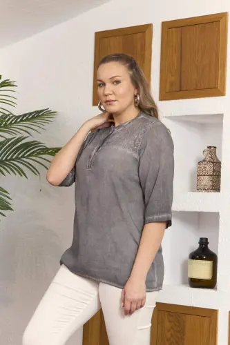 Sequin Detailed Plus Size Smoke Gray Blouse - 3