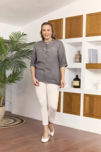 Sequin Detailed Plus Size Smoke Gray Blouse - 5