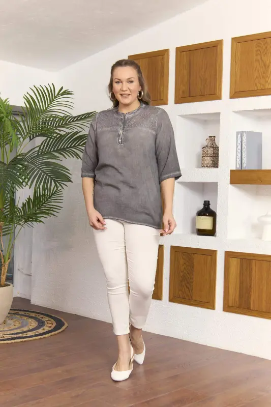 Sequin Detailed Plus Size Smoke Gray Blouse - 5