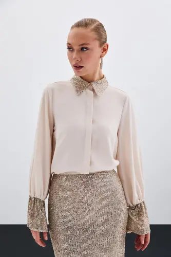 Sequin Detailed Shirt - Beige-Beige 