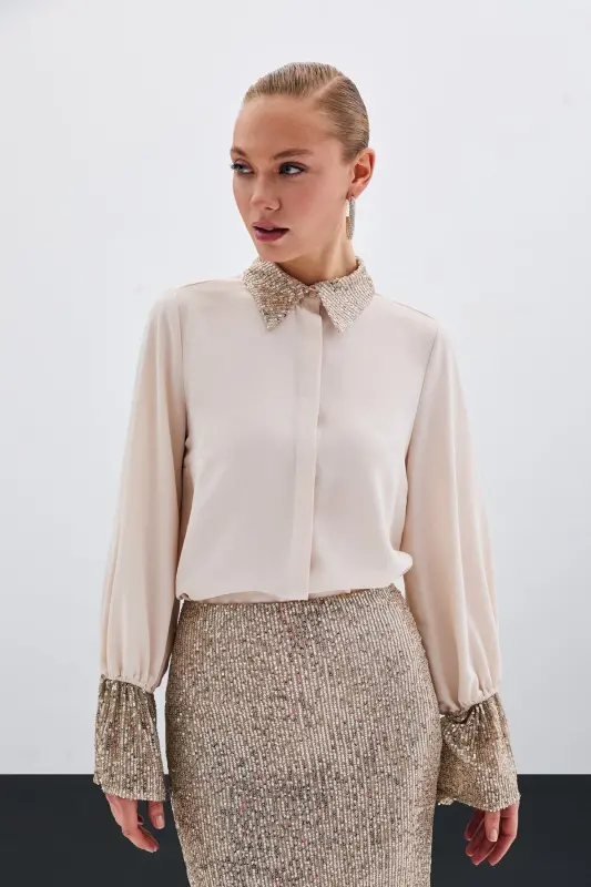 Sequin Detailed Shirt - Beige-Beige - SATEEN
