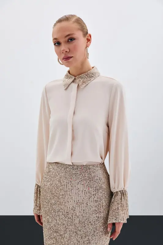 Sequin Detailed Shirt - Beige-Beige - 2