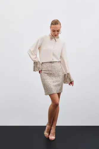 Sequin Detailed Shirt - Beige-Beige - 3