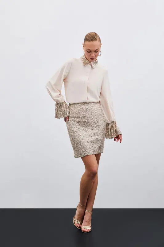 Sequin Detailed Shirt - Beige-Beige - 3