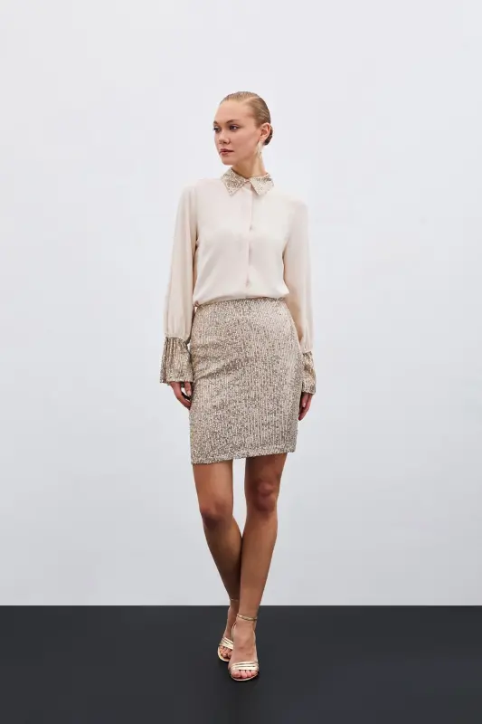 Sequin Detailed Shirt - Beige-Beige - 5
