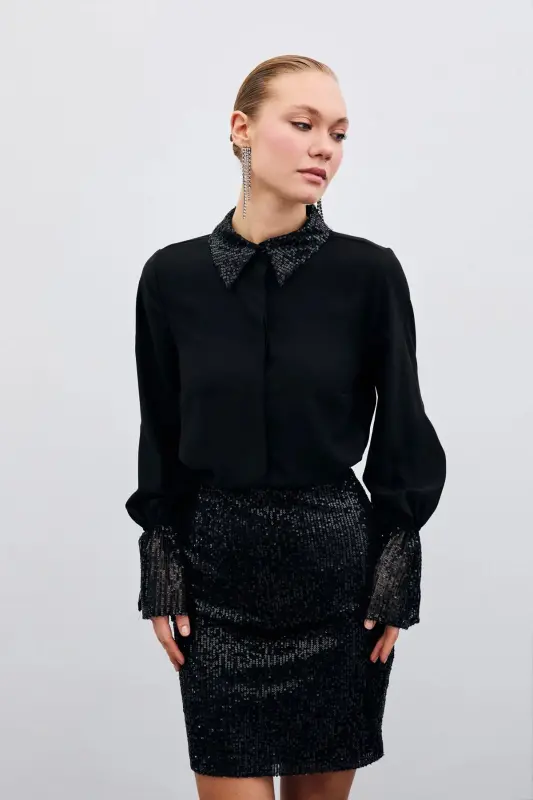 Sequin Detailed Shirt - Black - 2