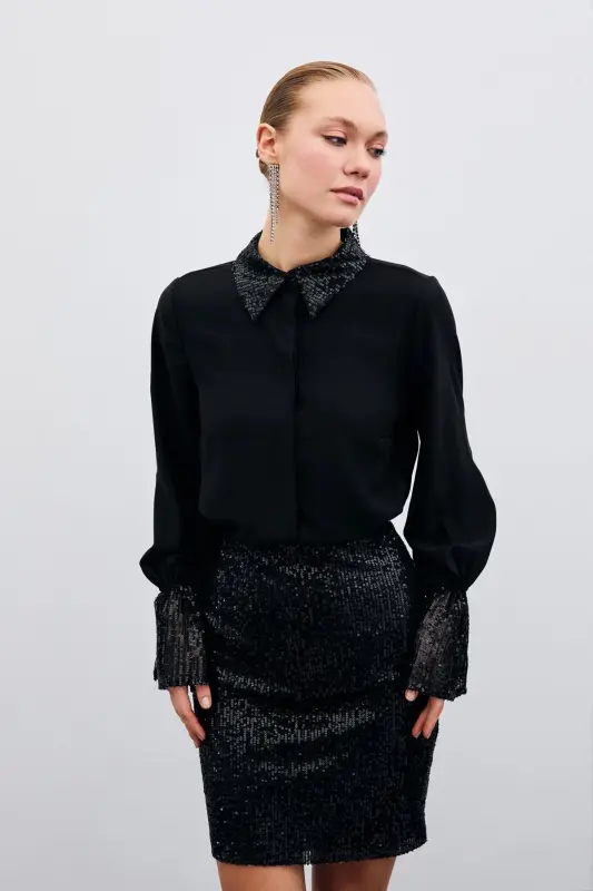 Sequin Detailed Shirt - Black - 2