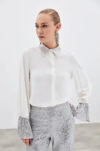 Sequin Detailed Shirt - Ecru-ECRU - SATEEN (1)