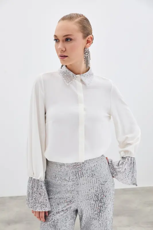 Sequin Detailed Shirt - Ecru-ECRU - 2