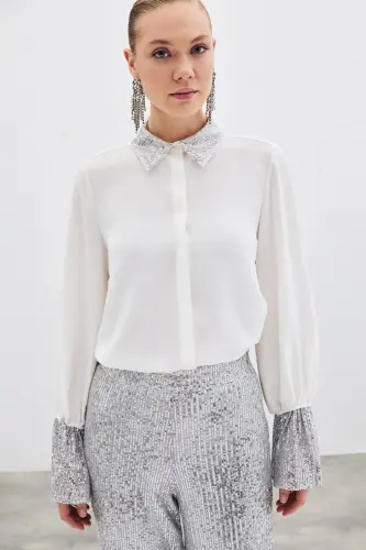 Sequin Detailed Shirt - Ecru-ECRU - 3