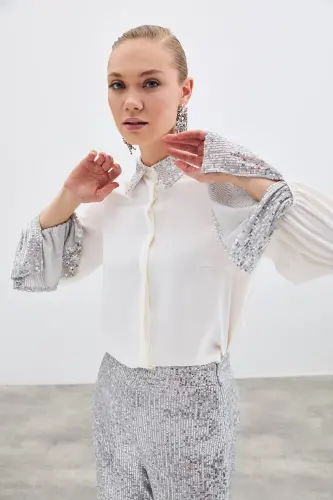 Sequin Detailed Shirt - Ecru-ECRU - 4