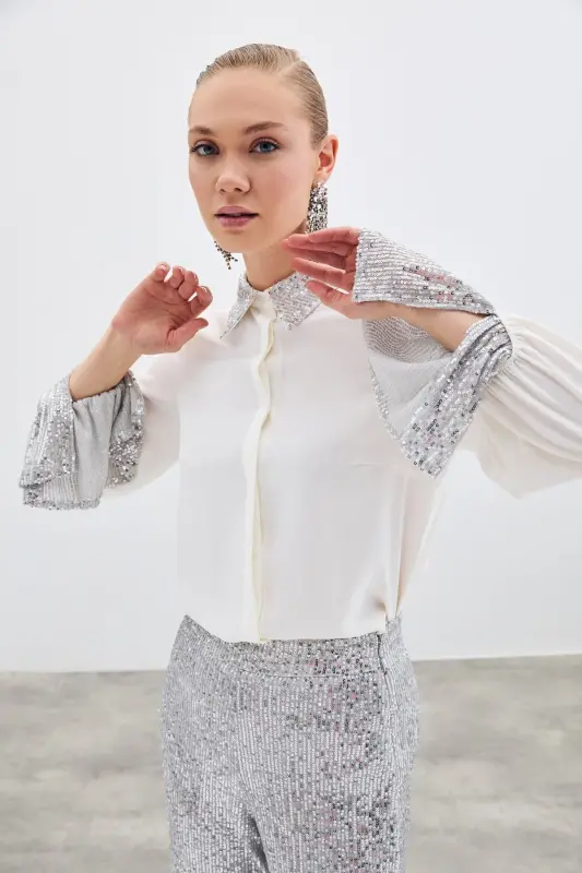 Sequin Detailed Shirt - Ecru-ECRU - 4