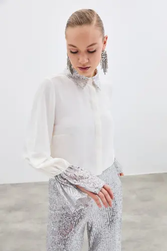 Sequin Detailed Shirt - Ecru-ECRU - 5