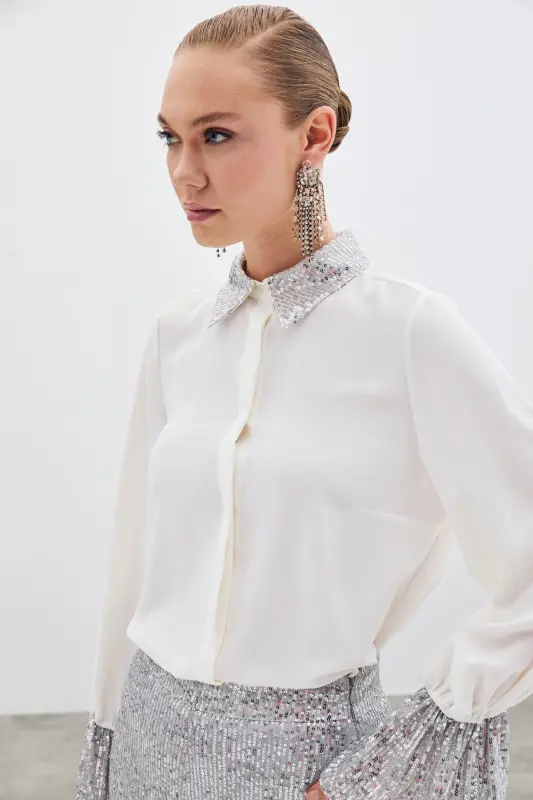 Sequin Detailed Shirt - Ecru-ECRU - 6
