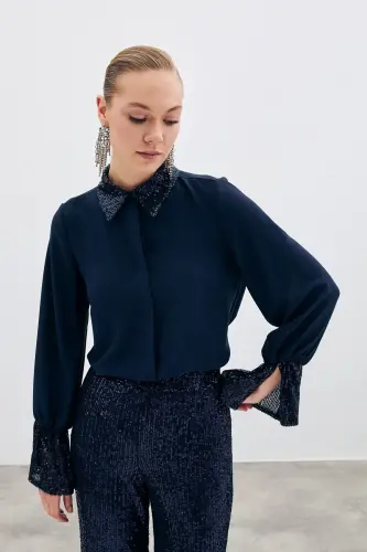 Sequin Detailed Shirt - NAVY-NAVY - 1
