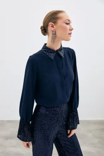 Sequin Detailed Shirt - NAVY-NAVY - SATEEN (1)