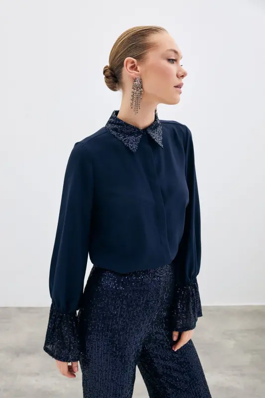 Sequin Detailed Shirt - NAVY-NAVY - 2